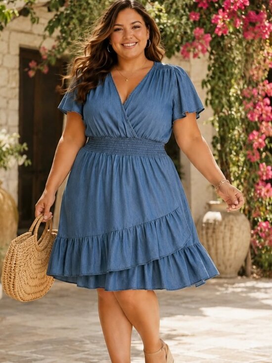 MICHAEL Michael Kors Dresses & Skirts - MICHAEL Michael Kors 1X Light Cadet Wash Tiered Faux-Wrap Fit & Flare Dress